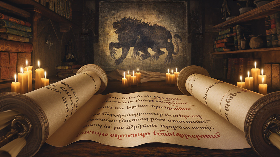 Ancient scrolls with ornate writing in a candlelit library. A lion sketch on the wall, surrounded by books, creates a mysterious ambiance.