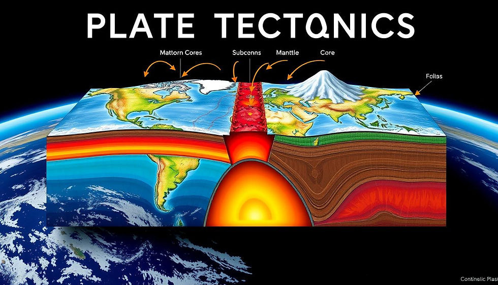 Cross-section of Earth showing layers: crust, mantle, and core. Labeled arrows indicate tectonic processes. Earth in space background.