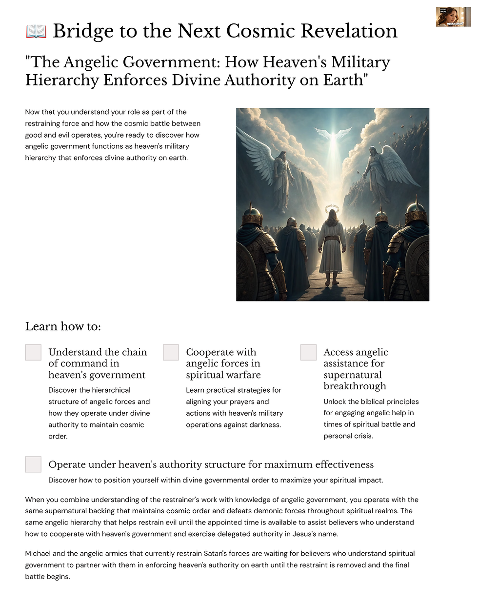 Text on angelic government hierarchy. Image of angels in armor beneath a light beam. Text covers spiritual warfare themes and courses.
