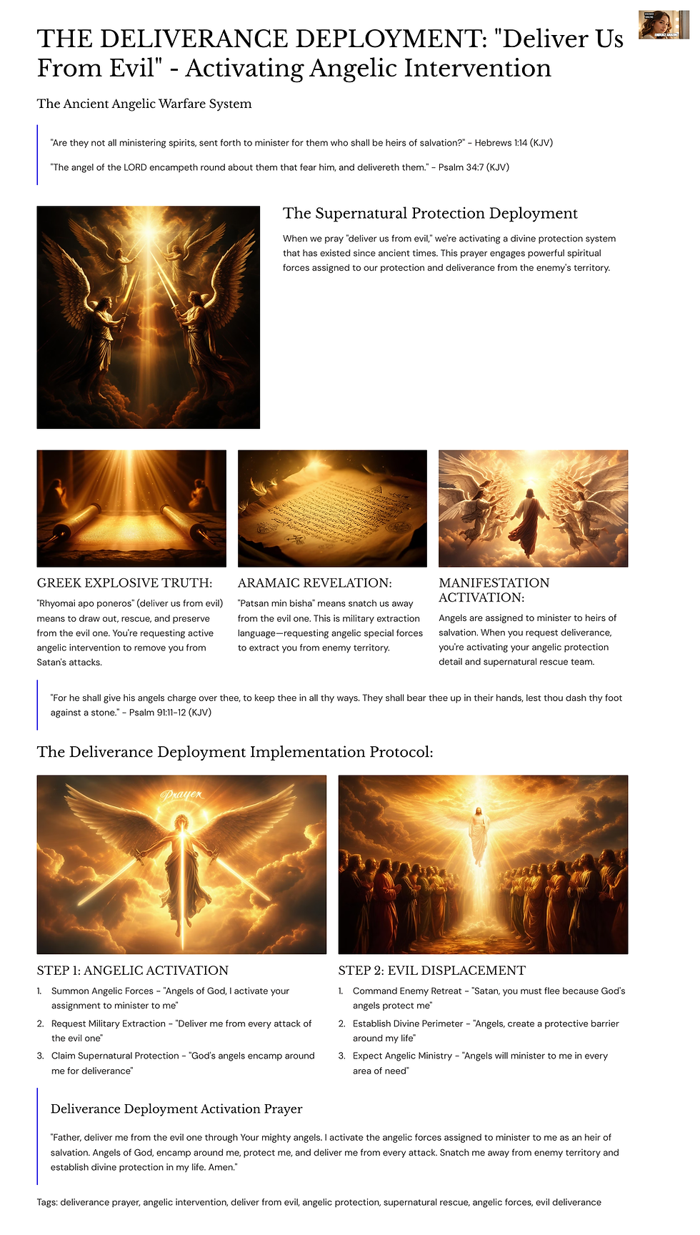 Title: The Deliverance Deployment. Images of angels with light. Text on spiritual protection and angelic intervention. Emotional and intense.