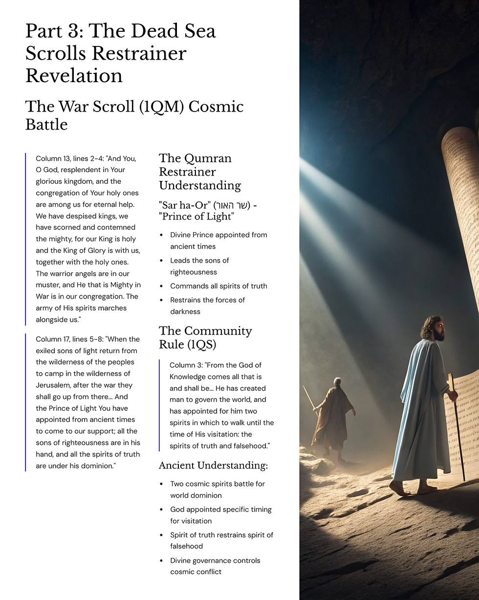 Text on left discusses Dead Sea Scrolls. Right shows two people in robes entering a cave with scrolls. Light beams create a mystical mood.