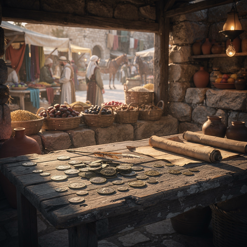 Ancient market scene with coins, scrolls on wooden table. Baskets of produce nearby, figures and horse in background, warm sunlight.