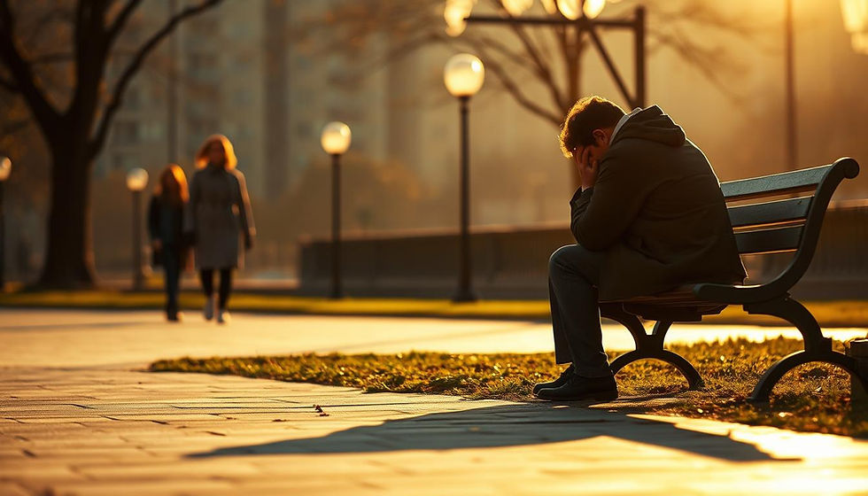 Man sits on a bench with head in hands, looking upset in a park at sunset. Two people walk in the background. Warm, golden light.