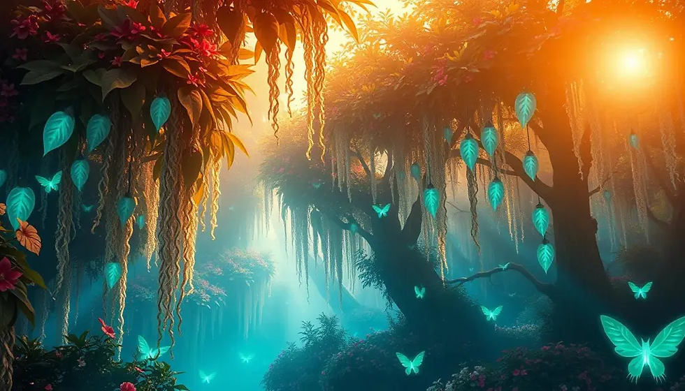 Glowing butterflies and blue-green leaves in an enchanted forest at sunset create a magical, serene atmosphere with vibrant foliage.