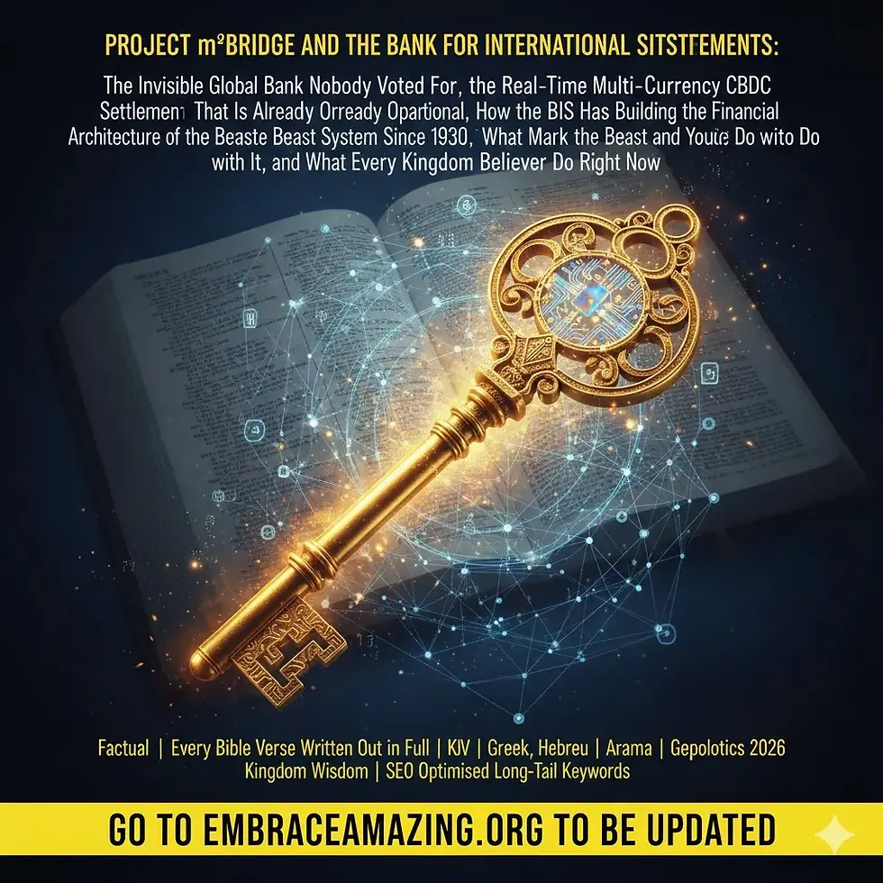 A golden key floats over an open book with digital connections. Text: "Project mBridge…", "Go to embraceamazing.org to be updated".