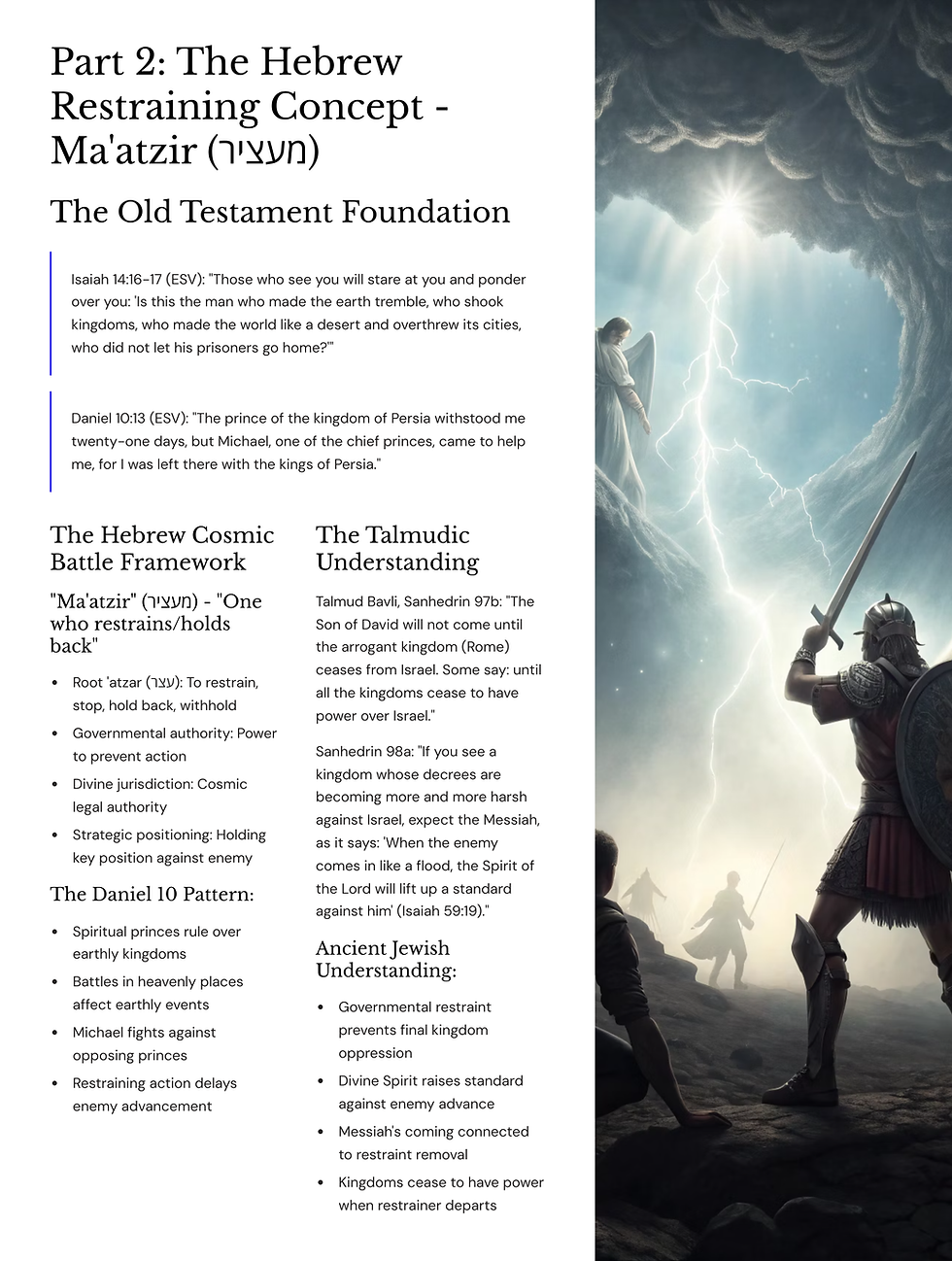 Text about "The Hebrew Restraining Concept - Ma'atzir" with Biblical quotes on the left. Right side shows an angel with armor and a spear amid clouds and lightning.