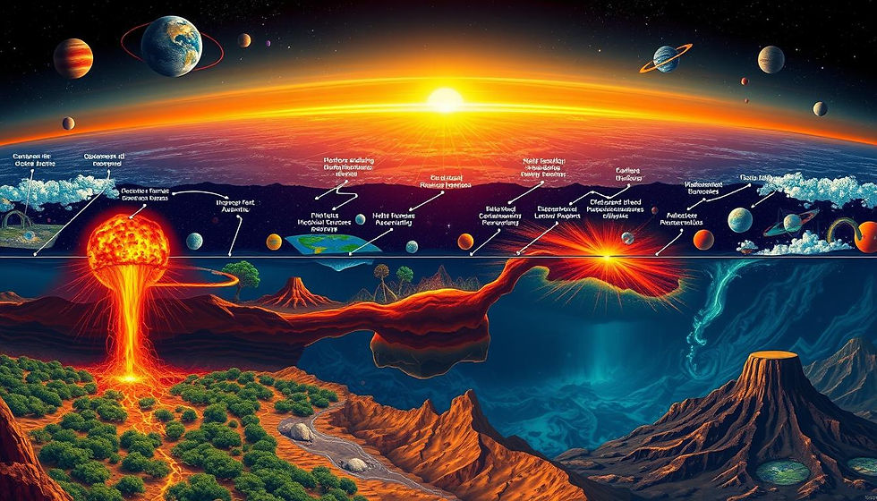Colorful cosmic artwork depicts planets and Earth with layered surface. Labels and arrows denote various cosmic and geological phenomena.