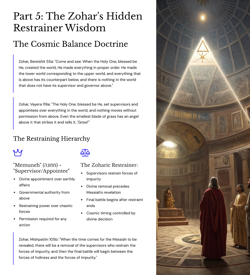 Ancient temple interior with figures standing below a triangle of light. Text discusses Zohar's Cosmic Balance Doctrine and hierarchy.