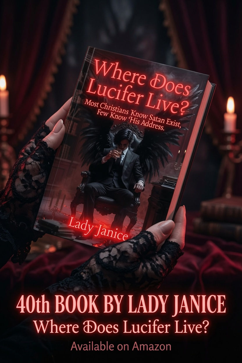 Lace-gloved hands hold a gothic book cover, Where Does Lucifer Live? by Lady Janice, in a dark candlelit room.