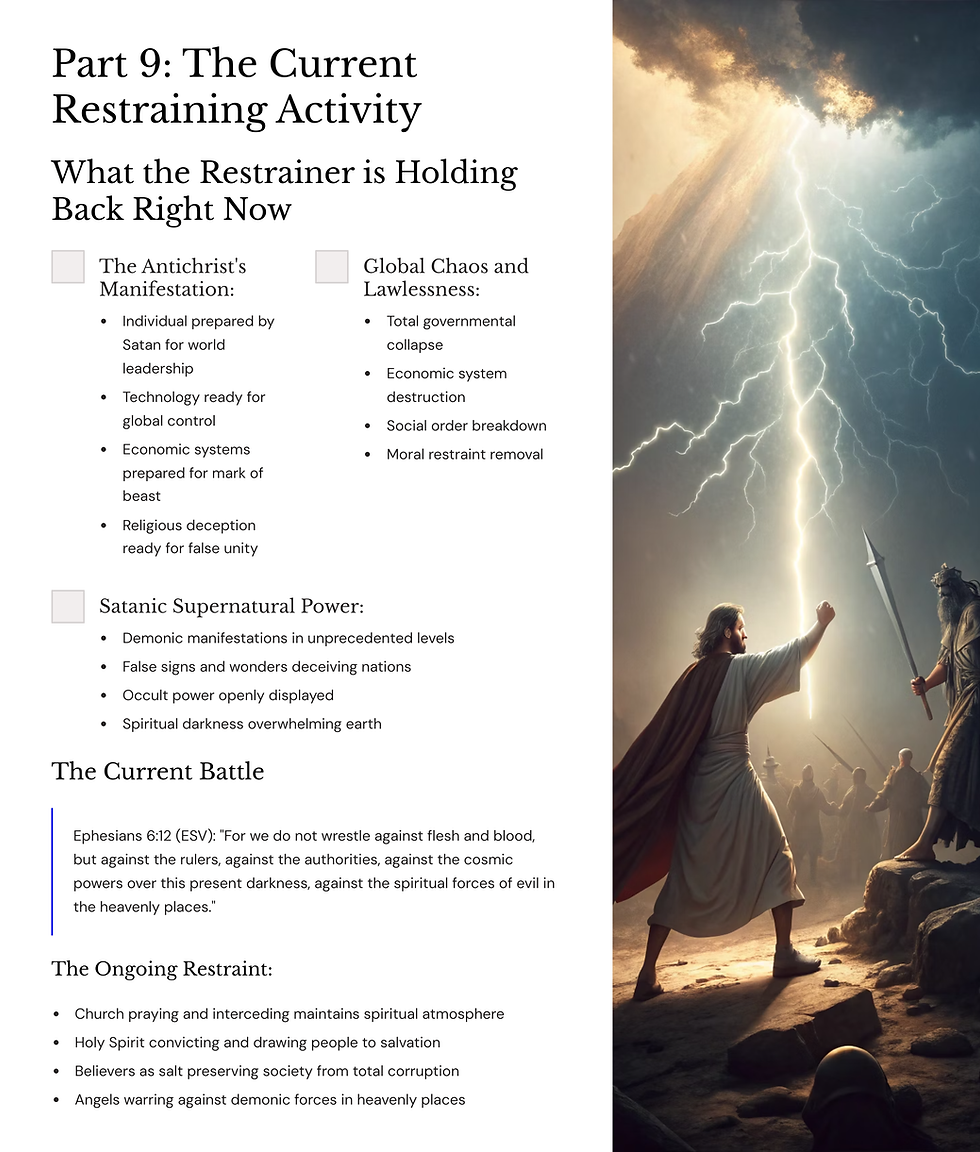 Text on the left outlines threats like chaos and evil powers. On the right, a figure in robes with a sword stands before lightning, suggesting a battle.