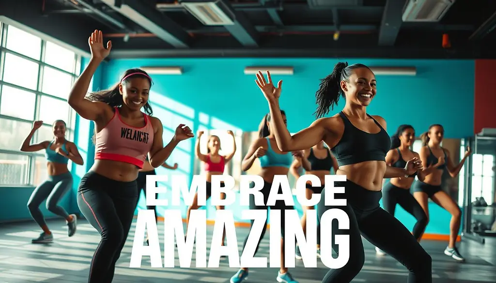 Women in athletic wear energetically dance in a brightly lit gym. Text reads "Embrace Amazing." Joyous mood. Bright colors.