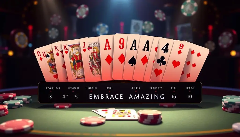 Poker table with cards showing a full house: Queens, Kings, Aces, and Nines. Text "EMBRACE AMAZING." Chips scattered around, dim casino setting.