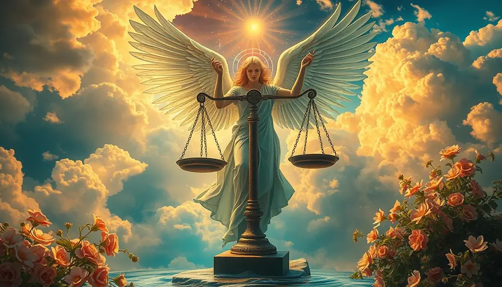 Winged figure holding scales stands amid glowing clouds and roses, with sunlight halo. Celestial and serene atmosphere.