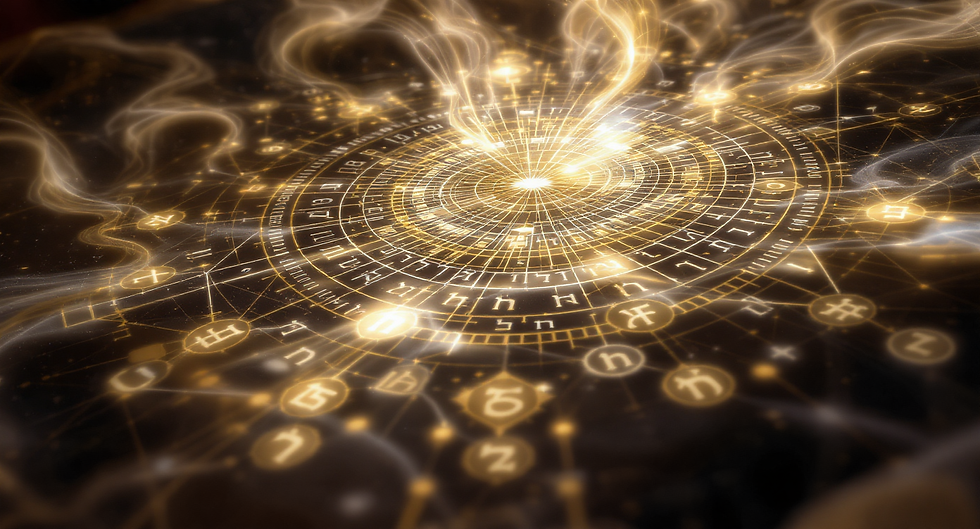 Glowing golden mystical symbols form a circular pattern emitting light on a dark background, with ethereal wisps spiraling outward.