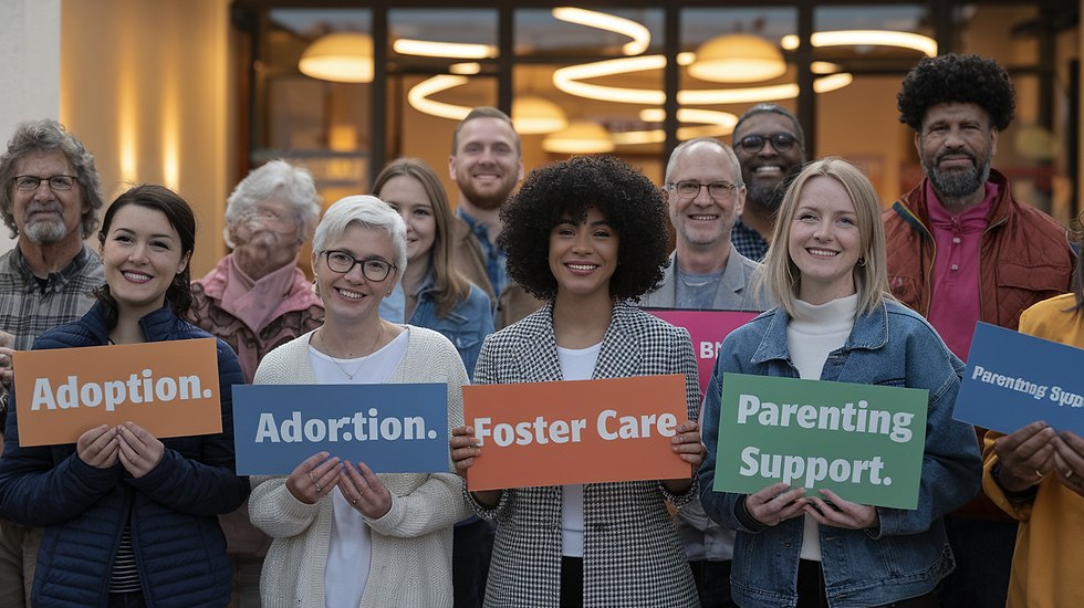 Diverse group of smiling people holding colorful signs reading "Adoption," "Adortion," "Foster Care," "Parenting Support" in a warmly lit setting.