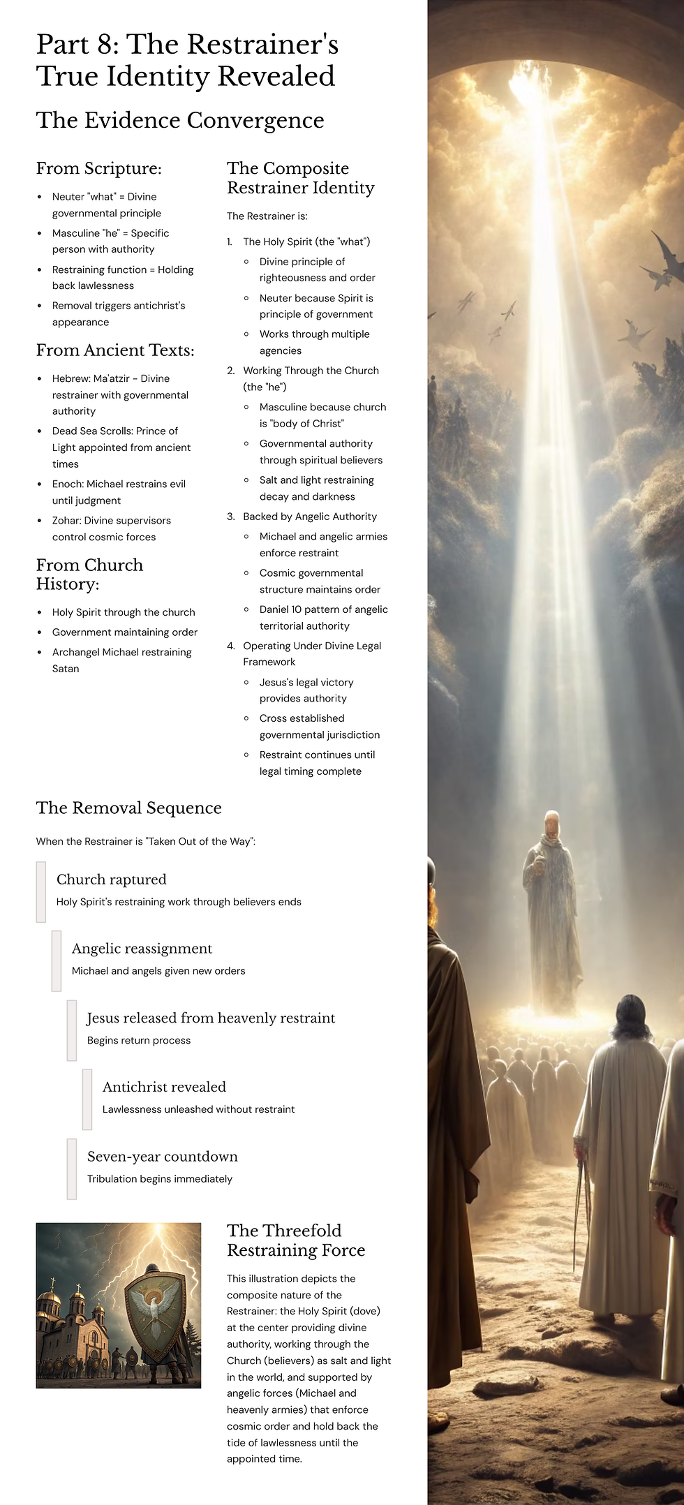 Text about the "Restrainer’s Identity" with a radiant light beam, figures in robes, and a holy scene. Text covers scripture and divine authority.