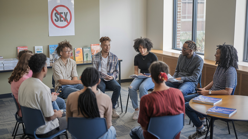 A diverse group of young adults sit in a circle discussing in a room with a "No Sex" sign on the wall and bookshelves in the background.