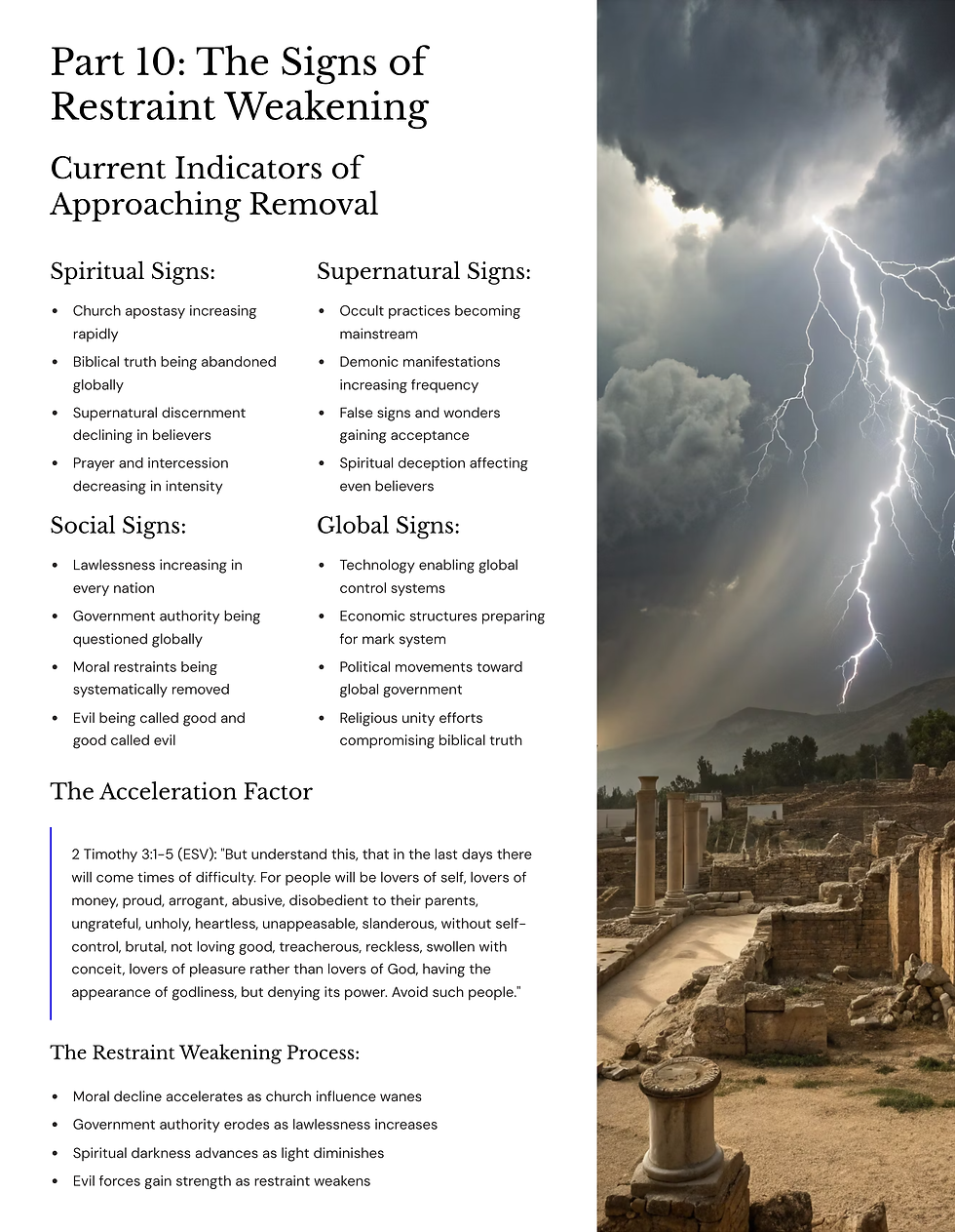 Text titled "Part 10: The Signs of Restraint Weakening" lists spiritual, social, supernatural, and global signs. Lightning strikes over ancient ruins.