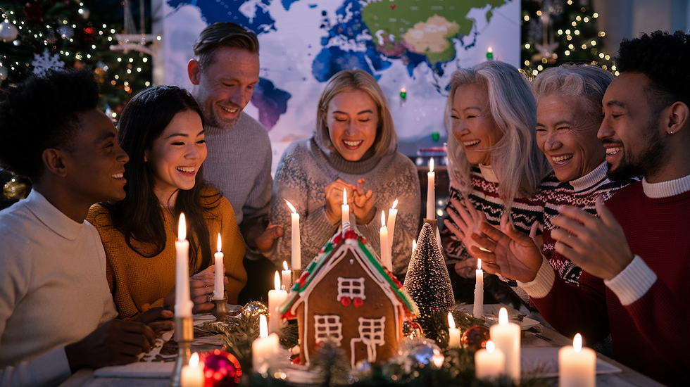 Group of people joyfully gathered around a decorated gingerbread house, surrounded by lit candles, Christmas lights, and a world map backdrop.