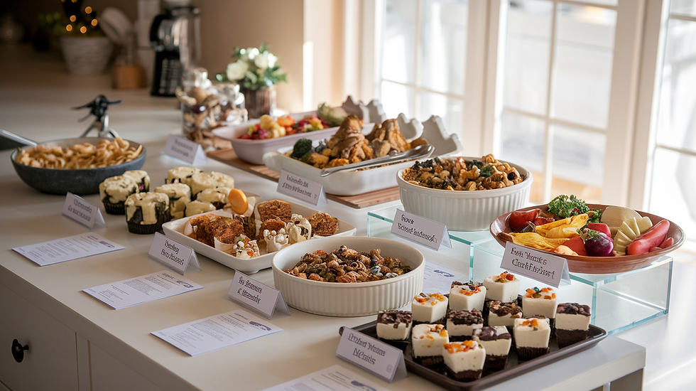 Buffet table with a variety of dishes, including desserts, salads, and pastries, labeled with cards. Bright, sunny room with a cozy vibe.
