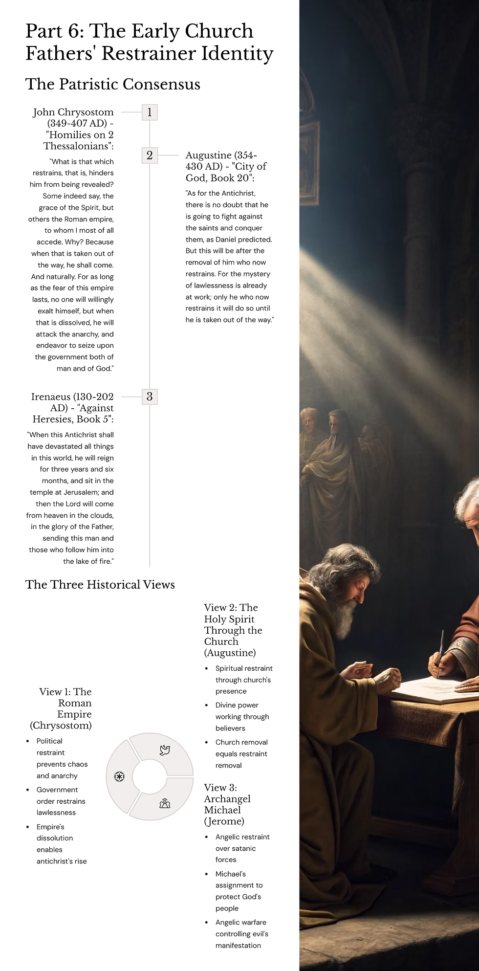 Early Church Fathers' views on restrainer identity, with quotes from Chrysostom, Augustine, and Irenaeus. Illustration of writing monks.