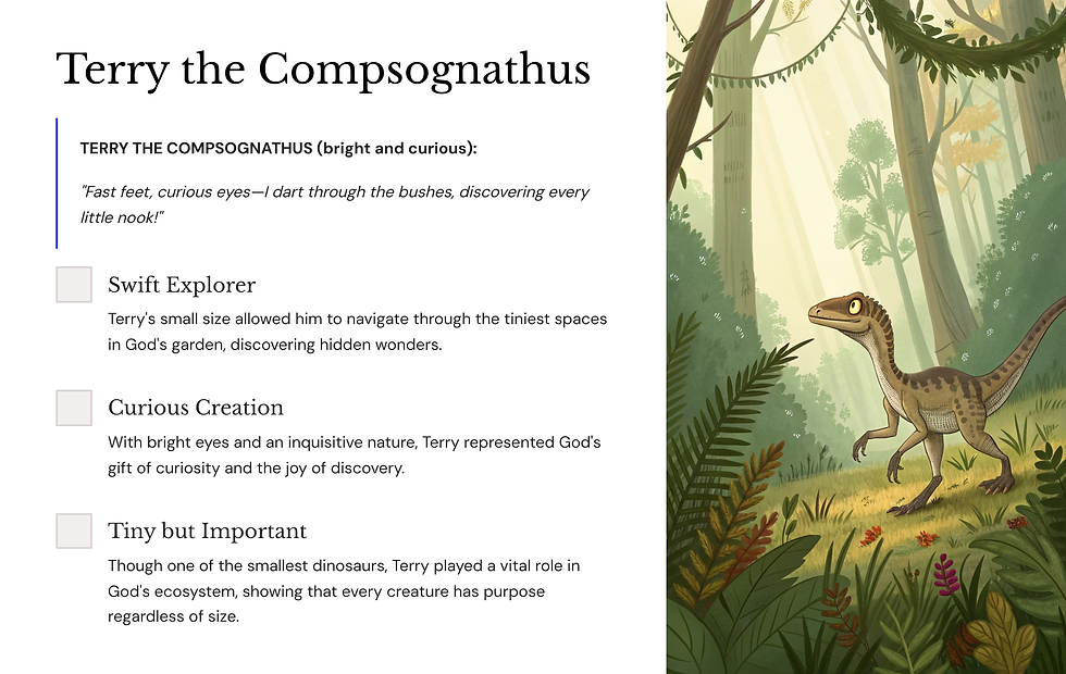 A curious Compsognathus dinosaur stands in a sunlit forest with text describing its inquisitive nature and role in an ecosystem.