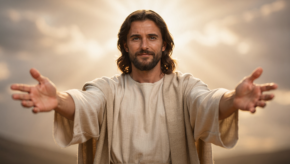 Man in flowing robe with outstretched arms stands against a glowing sky, exuding warmth and serenity. Background features soft clouds.