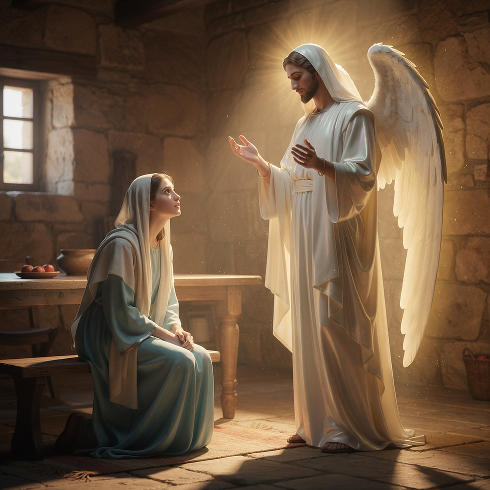 A woman kneels, looking at an angel with wings and a glowing halo in a rustic room. Soft light and warm tones create a serene mood.