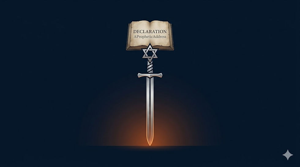 A sword stands upright with a Star of David and an open book titled "DECLARATION A Prophetic Address" above. Dark blue background, glowing base.