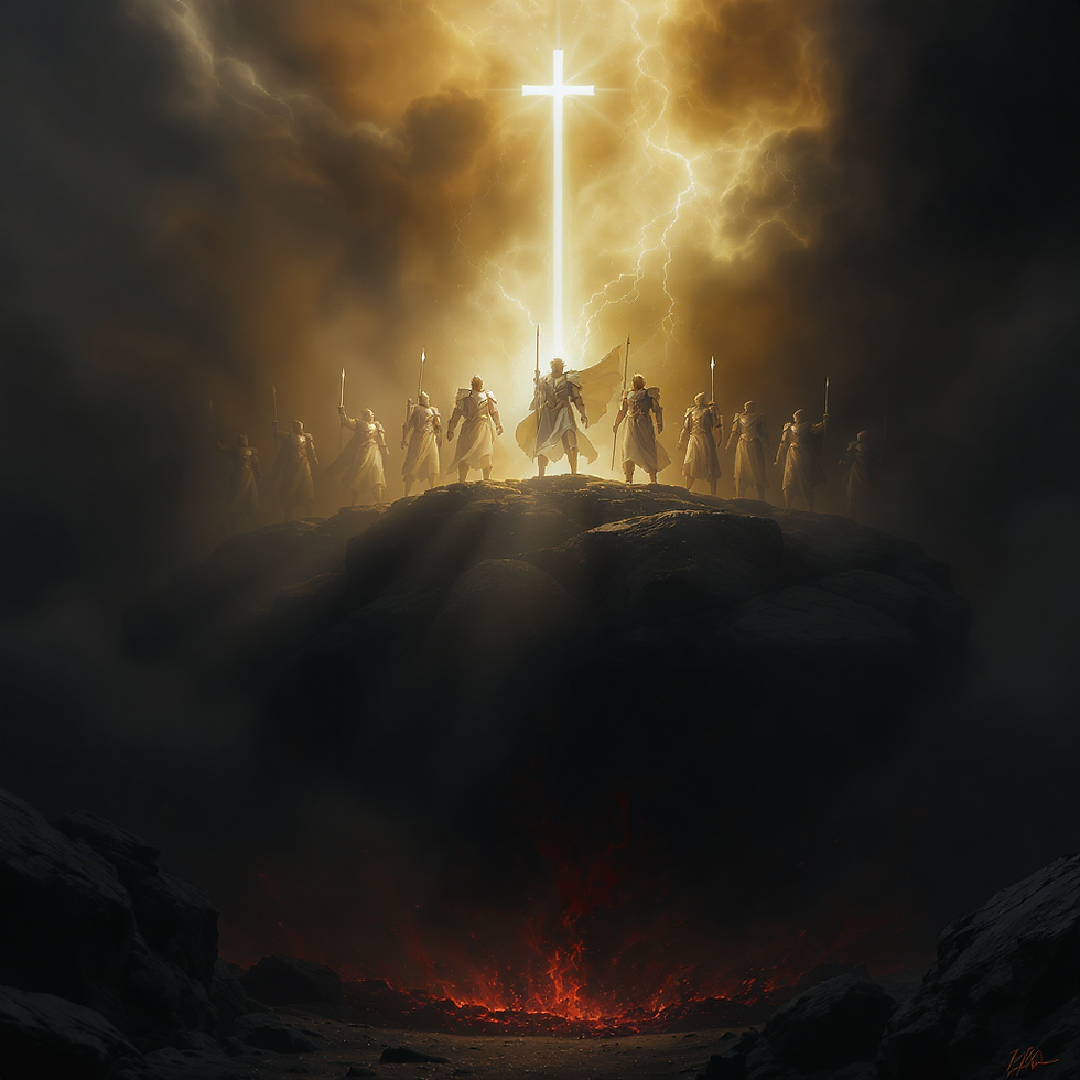 Warriors in glowing armor stand on a rocky ledge, surrounded by dark clouds and lightning, beneath a radiant cross. Fiery ground below.