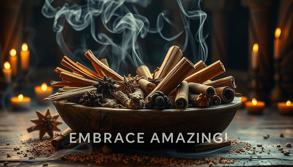 Bowl of cinnamon sticks and spices with rising smoke, surrounded by lit candles. Text: Embrace Amazing. Warm, inviting atmosphere.