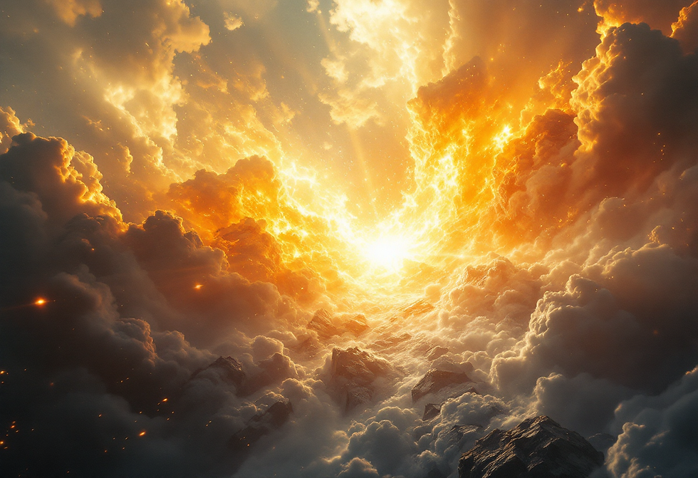 Dramatic cloudscape with vivid orange and yellow light erupting from the center, casting a warm glow over dark gray clouds below. Ethereal mood.