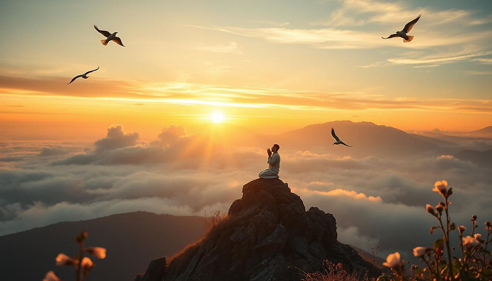 A person meditating on a mountain peak at sunrise, surrounded by birds and clouds. Warm colors create a serene, peaceful mood.