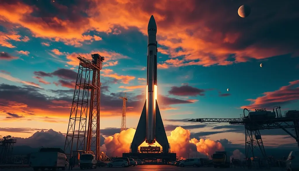 Rocket launch at sunset, vibrant orange sky, with planets visible. Smoke billows at the base. Text: "SPACE" on the platform. Epic mood.