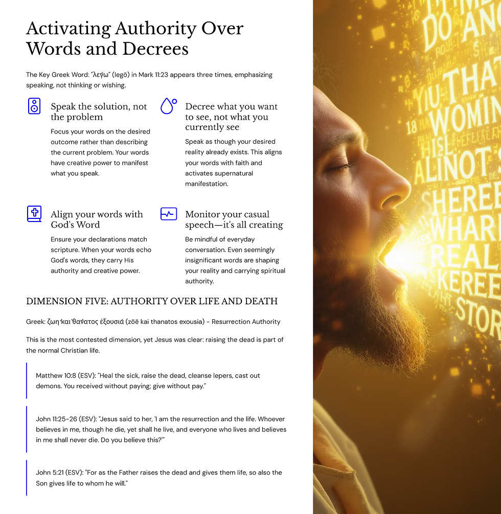 Man with glowing mouth releasing words, text on left about spiritual authority, emphasizing positive and scriptural speech.