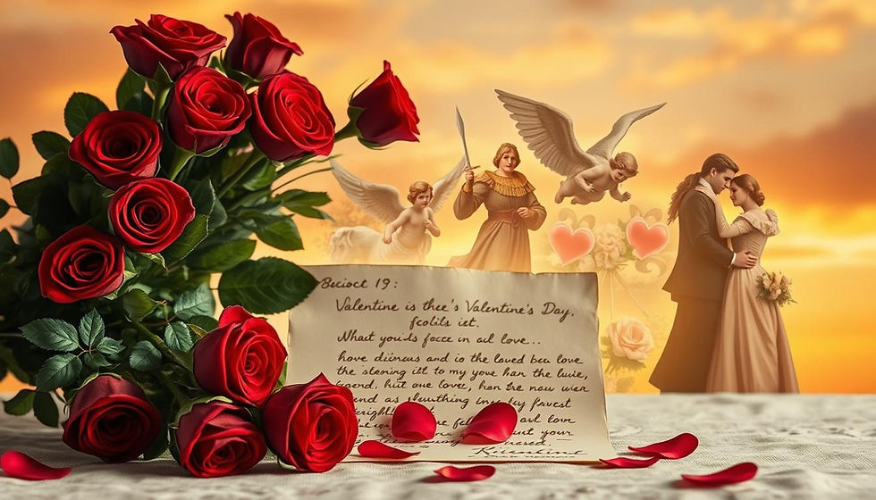 Bouquet of red roses on a table with a love letter. A couple embraces in the distance, surrounded by angels and hearts at sunset. Romantic vibes.