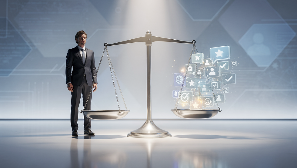 A man in a suit stands beside scales. One side has bright digital icons. The background is futuristic and blue-toned, creating a balanced mood.