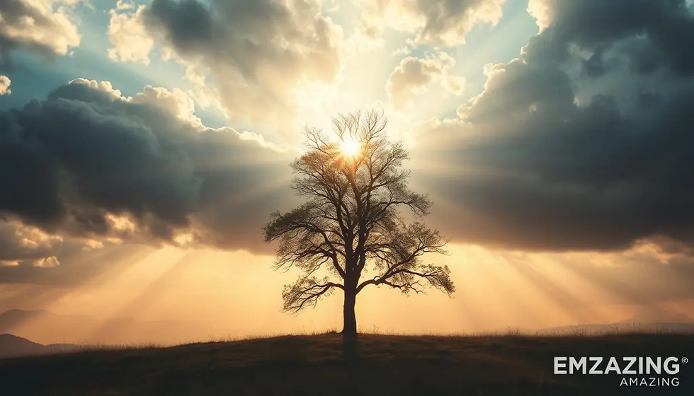 Tree silhouetted against sunset, sunbeams through clouds. Open field, dramatic sky. Text: "EMZAZING AMAZING" in corner.