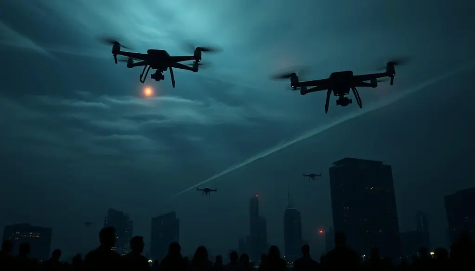 Silhouetted crowd watches drones fly over a dark cityscape at night. The sky is moody with clouds and a faint red glow.