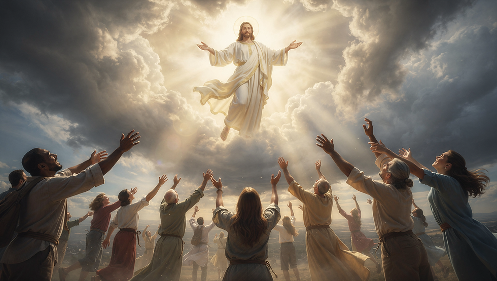 People reaching towards a robed figure ascending in glowing clouds. Dramatic sky, rays of light, and a sense of awe and reverence.