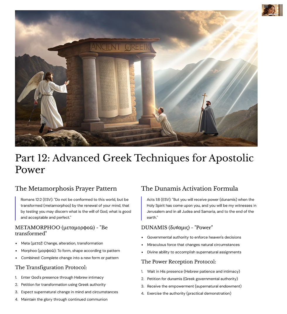 Two figures in robes and a tablet under an "Ancient Greek" arch, with rays of light and mountains. Text: Part 12: Advanced Greek Techniques.