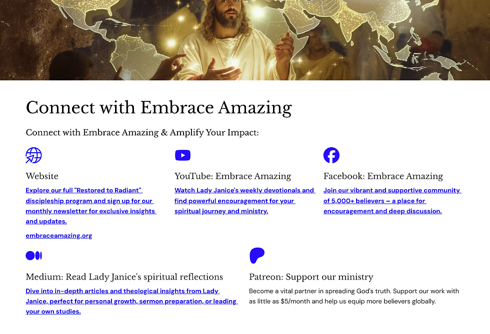Connect with Embrace Amazing via website, YouTube, Facebook, Medium, and Patreon. Background shows a map with a glowing figure.