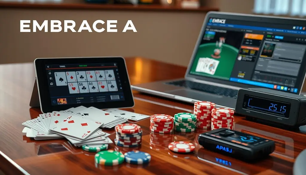 Table with poker chips, cards, a tablet, and an open laptop showing online poker. Clock reads 25:15. Text reads "EMBRACE A."