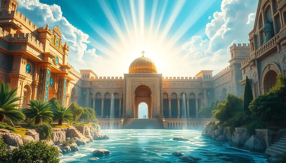 Majestic palace with domed roof, sunray backdrop, surrounded by lush greenery and tranquil water. Ornate architecture, vibrant sky.