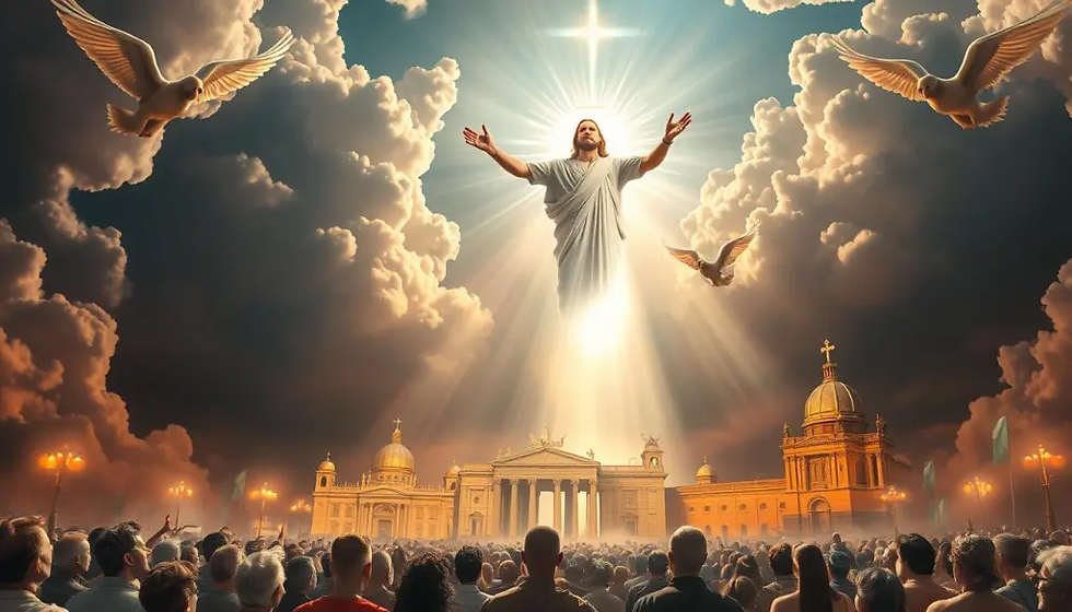 A heavenly figure ascends among clouds, surrounded by doves and light rays. A crowd watches below, with grand buildings in the background.