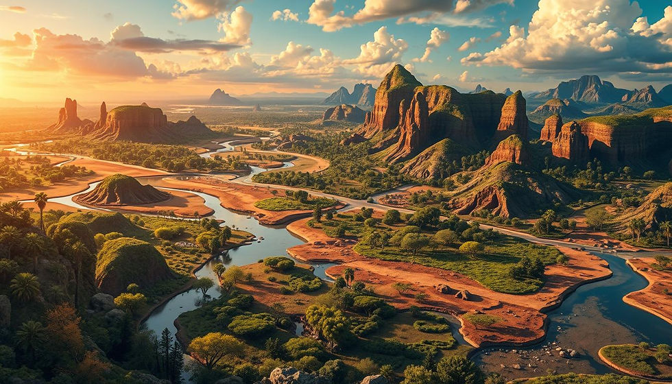 A vibrant landscape at sunset with winding rivers, lush greenery, and rugged red rock formations under a partly cloudy sky. Calm and serene.