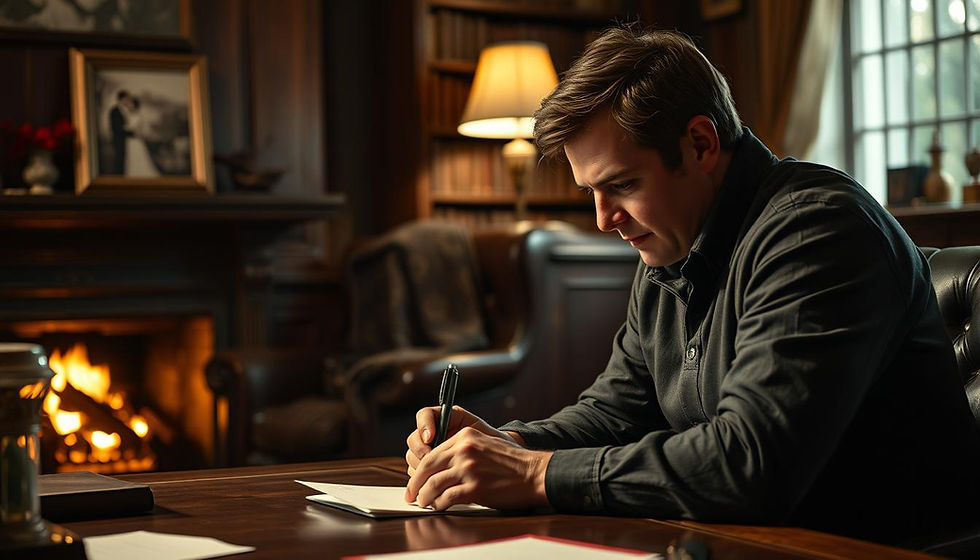 A man writing at a desk in a cozy, wood-paneled room with a fireplace. Warm lighting, framed photos, and books create an intimate mood.