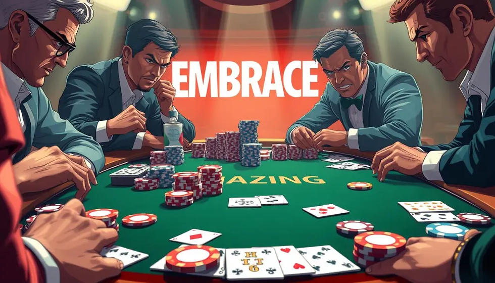 Men in suits playing poker at a table with chips and cards. A sign in the background reads "EMBRACE." Mood is tense and competitive.