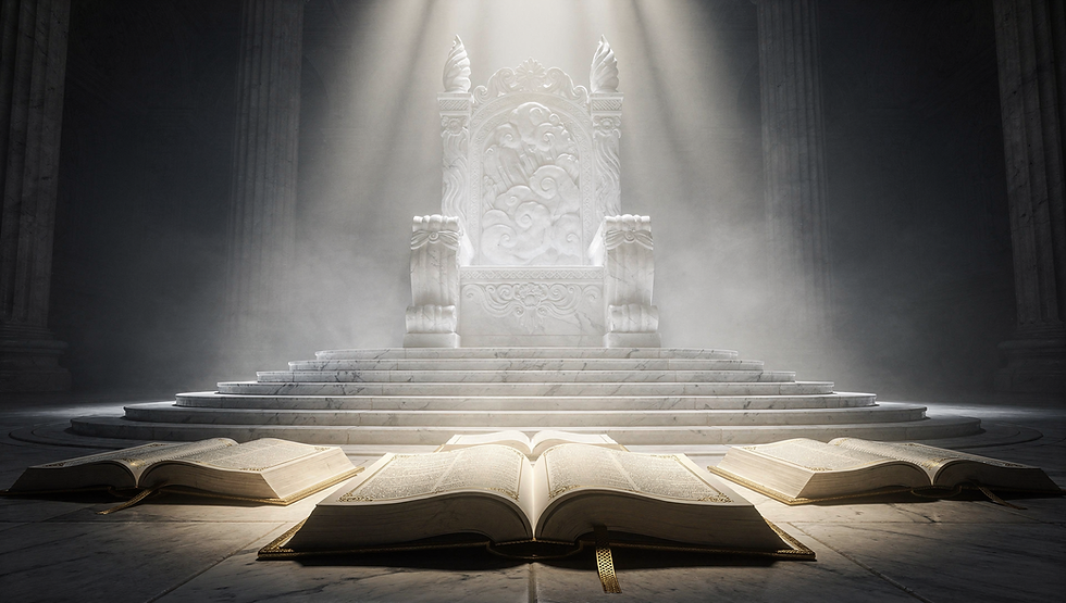 Marble throne in a dim room with columns, bathed in light. Open books on the floor create a mystical and solemn atmosphere.