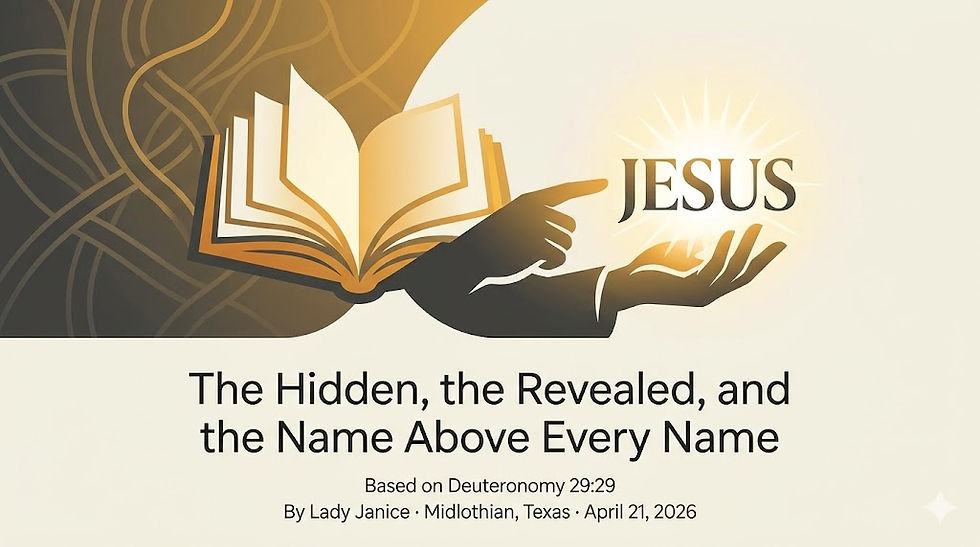 Open book with hands holding "JESUS" in gold light. Text: "The Hidden, the Revealed, and the Name Above Every Name," with date and location details.